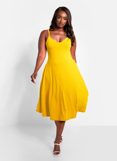 Essential Cotton V Neck Midi Skater Dress - Yellow